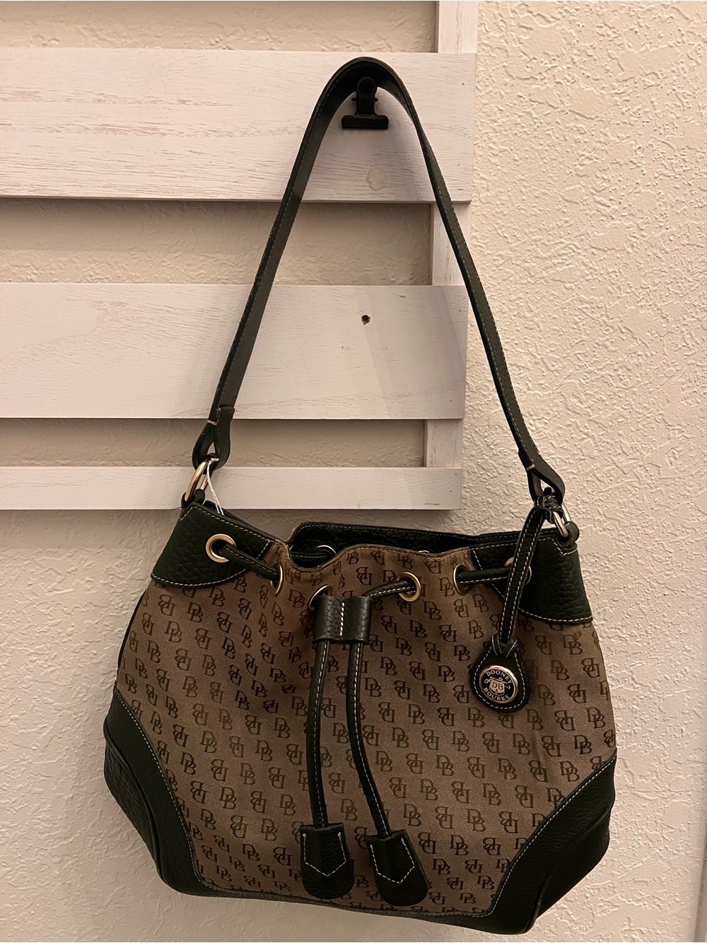 Vintage Dooney & Bourke Green Leather Tan DB Monogram Bucket Shoulder Bag